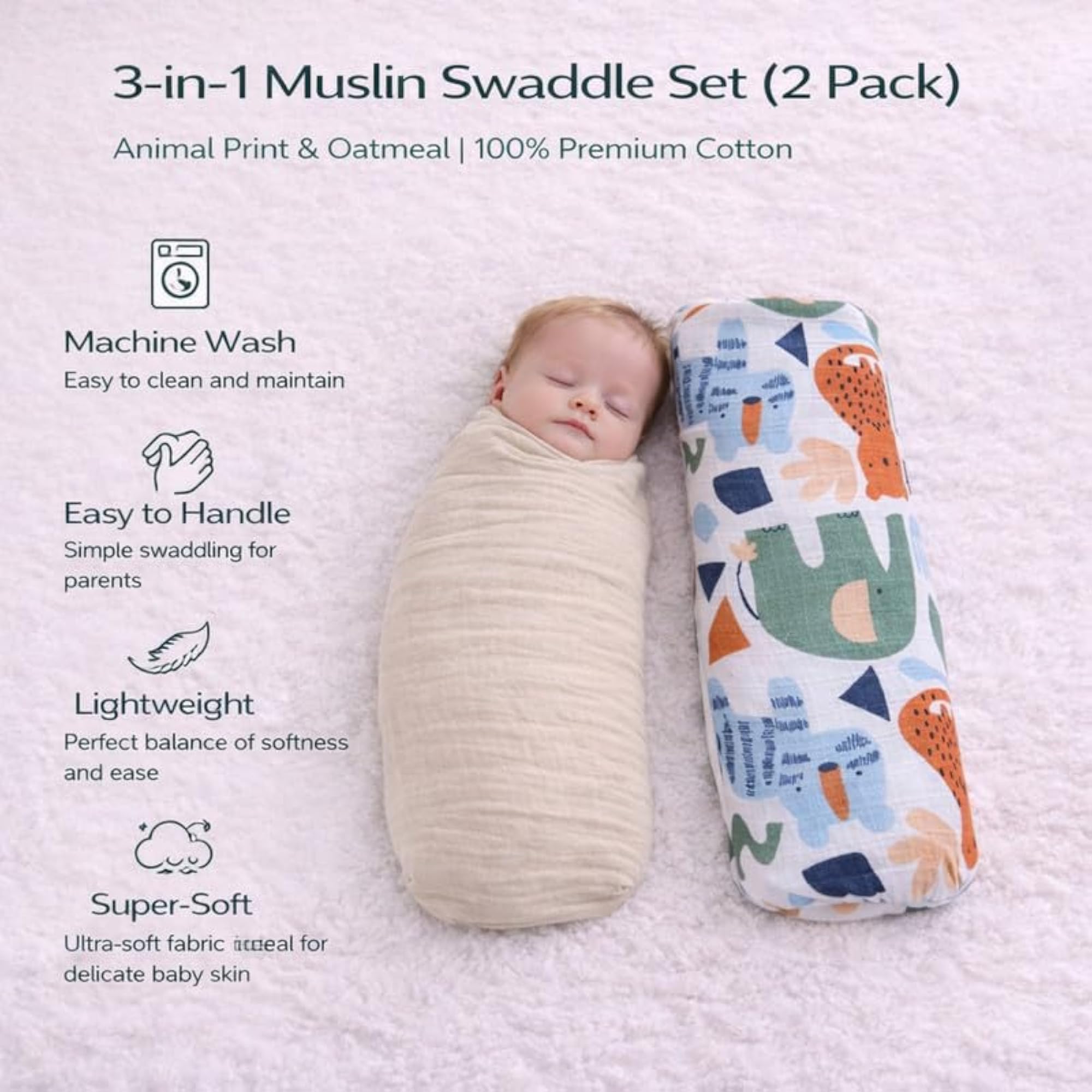 Muslin Swaddle Blanket Set (2 Pack) - Animal Print & Oatmeal